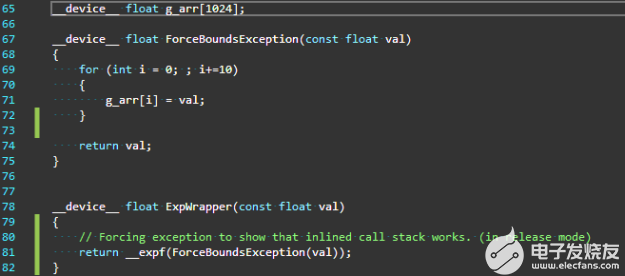 Alt-Text: The code example shows that a device function, ExpWrapper, invokes another device function, ForceBoundsException, that forces an array out-of-bound exception at line no 71 in the same file.