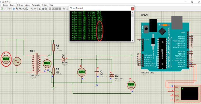 Simulating AC 311 RMS voltage using AC Arduino Voltmeter 交流电压表使用Arduino模拟311V