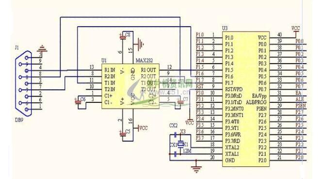 单片机与电脑接口（TTL与RS232电平模拟转换）电路及工作原理分析