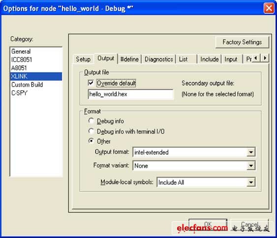 图2. 选择新的IAR 8051项目的XLINK Output选项。