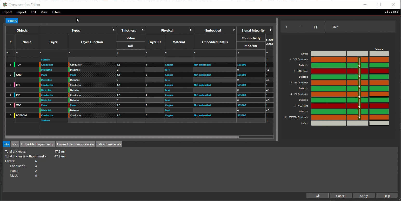 单叠层和多叠层中的横截面编辑器