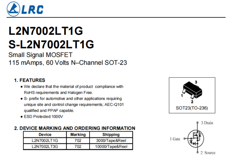 LRC 场效应管常用型号,L2N7002LT1G 规格书参数 图1