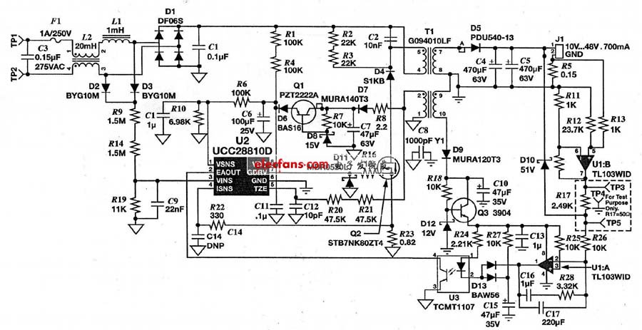 图2 基于UCC28810的34W 单级PFC反激式LED恒流驱动电源