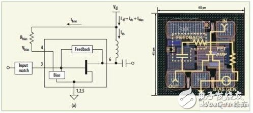 图3:MGA-68563 MMIC LNA(b)的简化等效电路(a)。