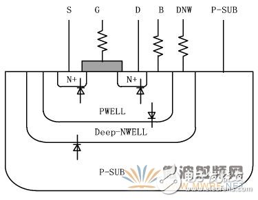 图2 (a)深N阱NMOS晶体管截面图