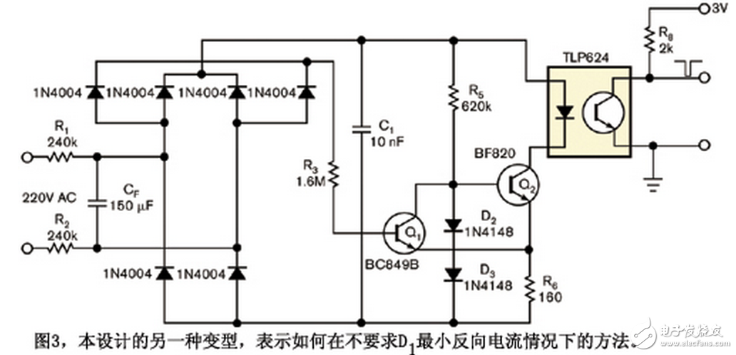 在几乎所有交流周期内,除接近零交越点以外,Q1都是on,而Q2为off。因此,接近零交越点时,施密特触发器Q1与Q2的状态翻转,Q2使电容C1恒流放电,因为由Q2、D2、D3、R5和R6构成的电路将电流稳定在I = (2 × VD - VBE2) / R6,其中VD是在D2或D3上的压降,而VBE2为Q2的基射电压。
