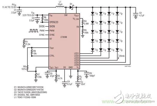 汽车电池供电的驱动器用于20个 LED