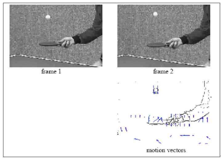 图2：显示计算运动矢量后剩余编码量的P 帧及参考帧。