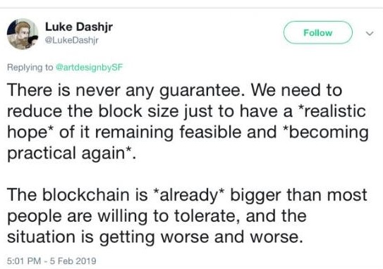 比特币核心开发商LukeDash Jr希望将比特币链的块大小缩小到300KB