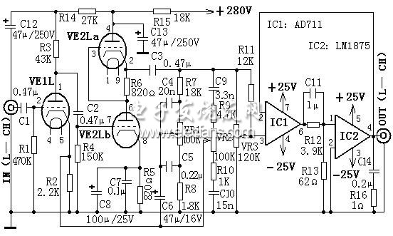 具有音调控制功能的25W 混合式Hi-Fi 放大器电路图