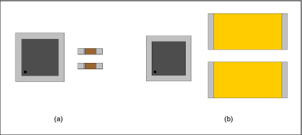 图4. a) 两个1uF电荷泵电容相比b) 两个220uF输出耦合电容，大大节省了空间