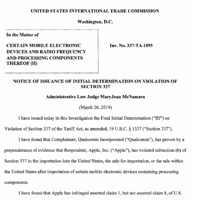美国国际贸易委员会裁定苹果侵犯高通专利建议对部分iPhone实施禁令