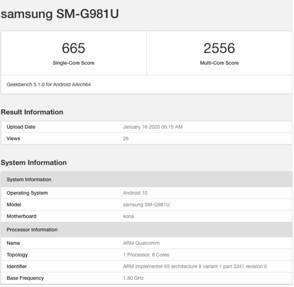 三星Galaxy S20 5G版曝光搭载了骁龙865处理器配备了12GB内存