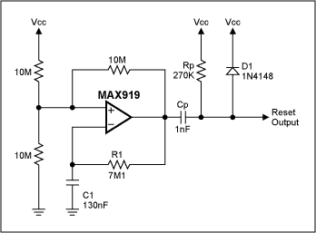 Figure 1. This reset circuit consumes less than 1µA and delivers a 100-µsec-wide reset pulse every 1.3 sec.