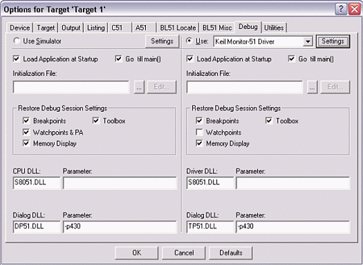 Figure 4. Debug option settings for the DS89C430/440/450.
